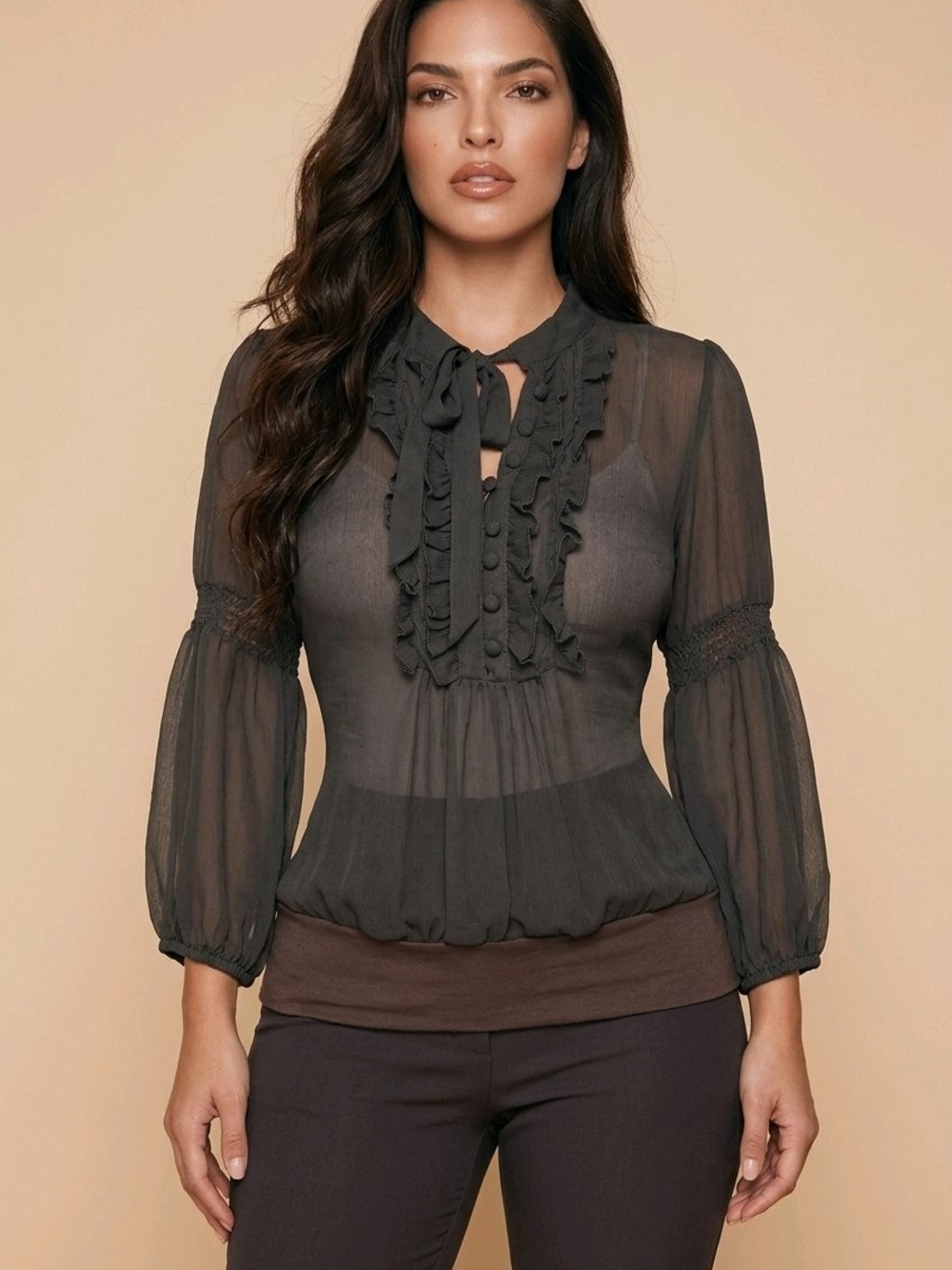 Charlotte Russe Dark Charcoal Sheer Ruffle-Tie Blouse